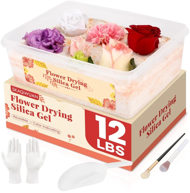 Main image of Silica Gel Flower Drying 12LBS, Flower Drying Silica Gel Crystals<1mm, Silica Gel for Drying Flowers, Reusable Color Indicating, Flower Drying Kit, Box, Brushes, Gloves & Scoop, Wedding DIY