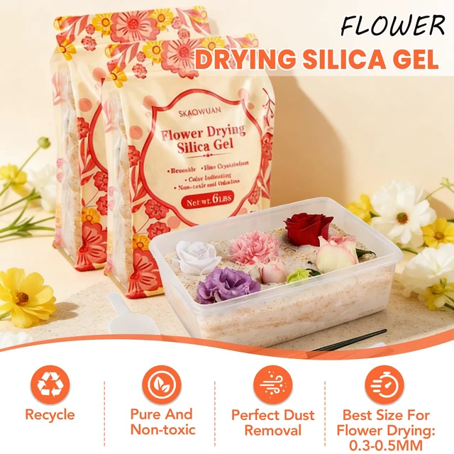 Alt view image 4 of 7 - Silica Gel Flower Drying 12LBS, Flower Drying Silica Gel Crystals<1mm, Silica Gel for Drying Flowers, Reusable Color Indicating, Flower Drying Kit, Box, Brushes, Gloves & Scoop, Wedding DIY