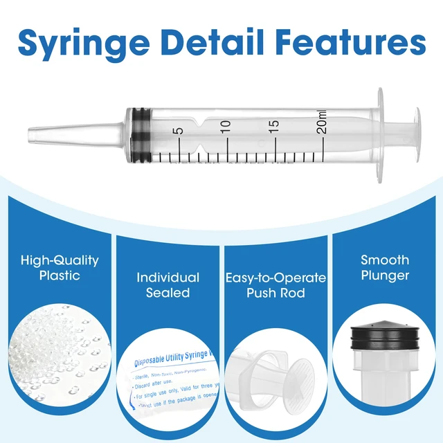 Alt view image 2 of 7 - 20mL Plastic Syringe for Liquid - 20 Pack Large Syringes with Adapter Individually Wrapped for Scientific Labs, Feeding, Oil Filling