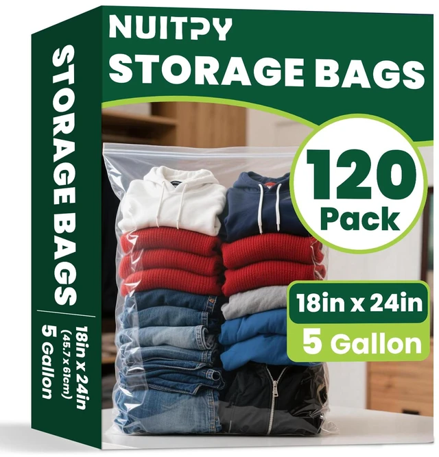 Main image of 120 Pack Large 5 Gallon Storage Bags with Zipper Top, 18 x 24in Zipper Bags Clear Plastic Bag for Storage, Reusable, Sealable Storage Bag for Clothes, Travel & Moving, Double-sided Thickness 4 Mil