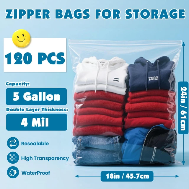 Alt view image 2 of 7 - 120 Pack Large 5 Gallon Storage Bags with Zipper Top, 18 x 24in Zipper Bags Clear Plastic Bag for Storage, Reusable, Sealable Storage Bag for Clothes, Travel & Moving, Double-sided Thickness 4 Mil