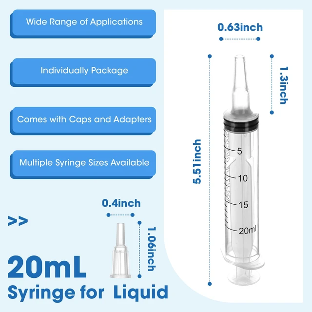 Alt view image 3 of 7 - 20mL Plastic Syringe for Liquid - 20 Pack Large Syringes with Adapter Individually Wrapped for Scientific Labs, Feeding, Oil Filling