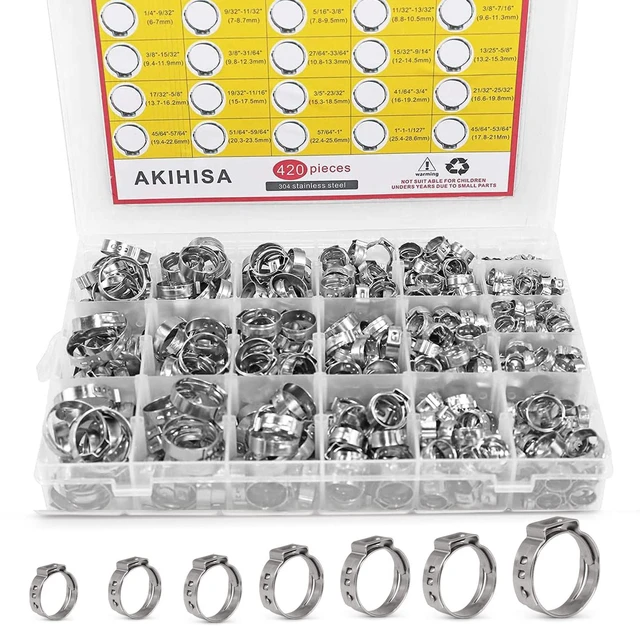 Main image of 420Pcs 20 sizes Single Ear Hose Clamps, 7-28.6mm 304 Stainless Steel Pex Crimp Rings Kit, Crimp Hose Clamp Assortment Set for Securing Pipe Hoses and Automotive Use