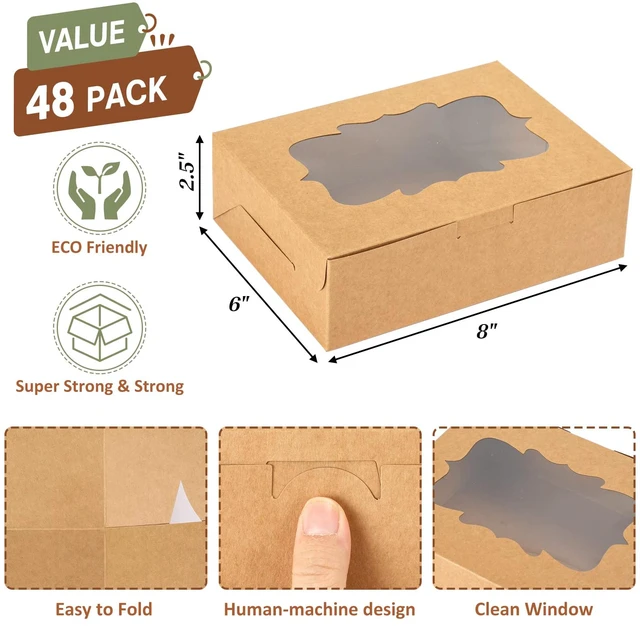 Alt view image 2 of 7 - 48pcs Cookie Boxes with 3 Style Window,8x6x2.5in Brown Bakery Boxes Kraft Treat Boxes, Dessert Boxes for Chocolate Strawberries, Donuts, Cupcakes, Muffins and Dessert
