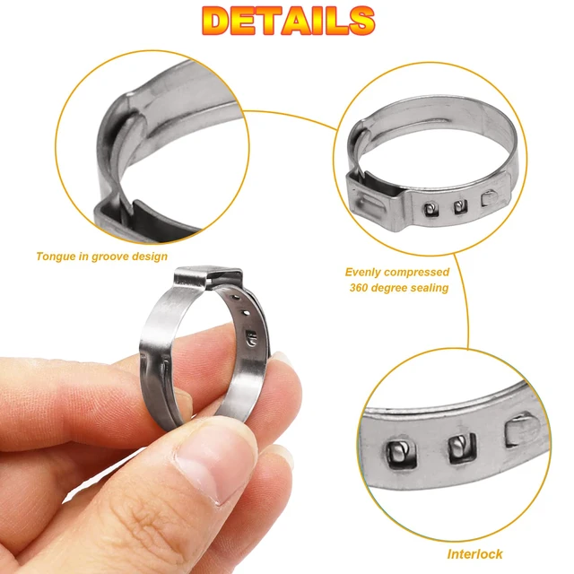 Alt view image 2 of 5 - 100Pcs 5 sizes Single Ear Hose Clamps, 21-28.6 mm 304 Stainless Steel Pex Crimp Rings Kit, Crimp Hose Clamp Assortment Set for Securing Pipe Hoses and Automotive Use