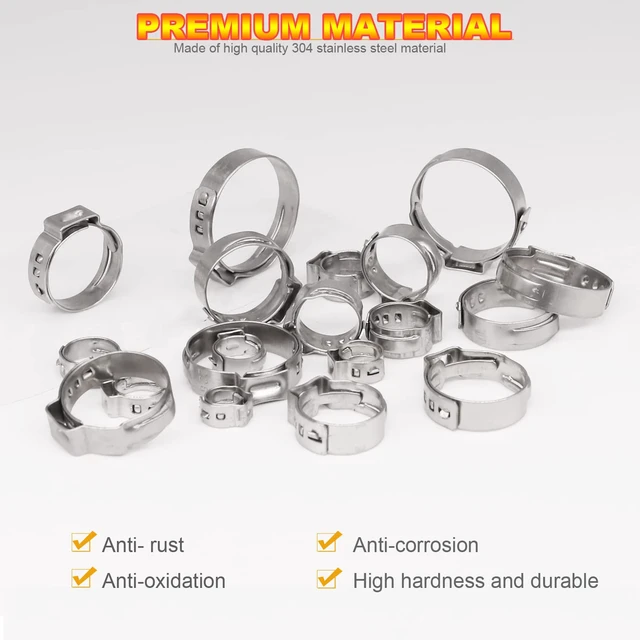 Alt view image 4 of 5 - 100Pcs 5 sizes Single Ear Hose Clamps, 21-28.6 mm 304 Stainless Steel Pex Crimp Rings Kit, Crimp Hose Clamp Assortment Set for Securing Pipe Hoses and Automotive Use