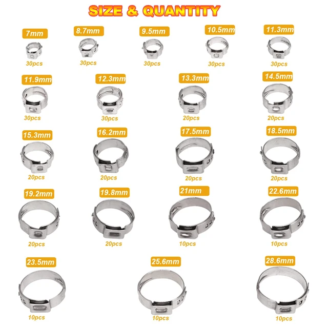Alt view image 2 of 7 - 420Pcs 20 sizes Single Ear Hose Clamps, 7-28.6mm 304 Stainless Steel Pex Crimp Rings Kit, Crimp Hose Clamp Assortment Set for Securing Pipe Hoses and Automotive Use