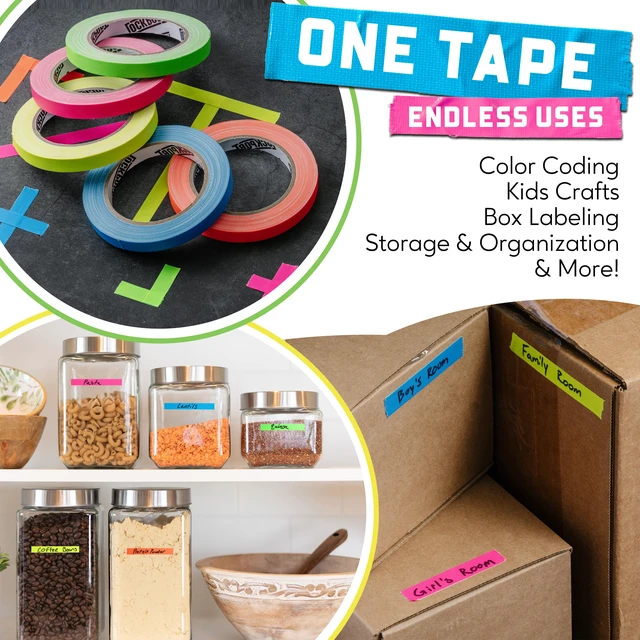 Alt view image 2 of 7 - Neon Spike Tape 5 Pack - 1/2 Inch x 20 Yards Colored Gaffer Tape Fluorescent Matte Gaff Tape, UV Blacklight Glow, Residue-Free, Water-Resistant, Easy Tear for Theater, Stage, Marking, School