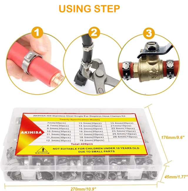 Alt view image 6 of 7 - 420Pcs 20 sizes Single Ear Hose Clamps, 7-28.6mm 304 Stainless Steel Pex Crimp Rings Kit, Crimp Hose Clamp Assortment Set for Securing Pipe Hoses and Automotive Use