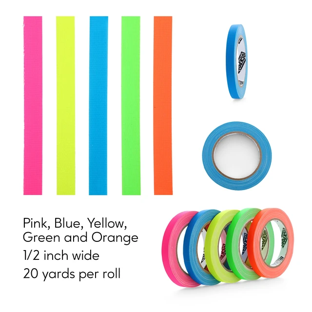 Alt view image 7 of 7 - Neon Spike Tape 5 Pack - 1/2 Inch x 20 Yards Colored Gaffer Tape Fluorescent Matte Gaff Tape, UV Blacklight Glow, Residue-Free, Water-Resistant, Easy Tear for Theater, Stage, Marking, School
