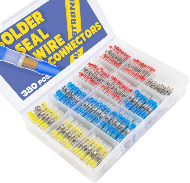 Main image of 380PCS Solder Seal Wire Connectors Kit, 4 Colors/4 Sizes 26-10 AWG, Wire Gauge Markings, Clear Sleeves, Hot-Melt Adhesive Rings, Compartment Storage, Automotive Wiring