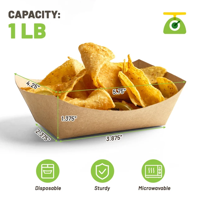 Alt view image 2 of 7 - 250 Pack 1 Lb Small Paper Food Trays Disposable, Kraft, Brown, Food Boats Holders, Take Out Serving Baskets, For Party Nachos Snacks Tacos Fries