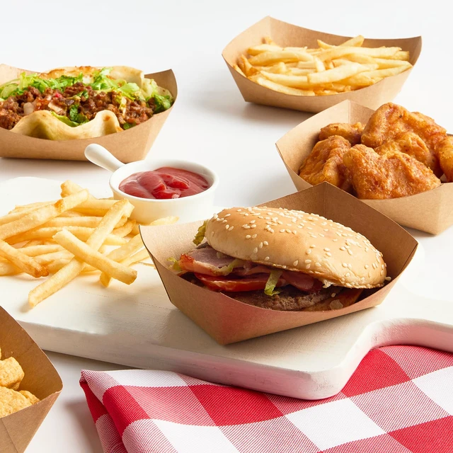 Alt view image 5 of 7 - 250 Pack 1 Lb Small Paper Food Trays Disposable, Kraft, Brown, Food Boats Holders, Take Out Serving Baskets, For Party Nachos Snacks Tacos Fries
