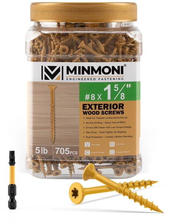 Main image of #8 x 1-5/8" Wood Deck Screws 705pcs (5lb Box), Torx Flat-Head Exterior Screws, Tan, T25 Star Bit Included, Can Substitute 1-1/2" Screws