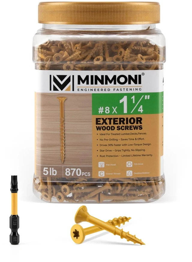 Main image of #8 x 1-1/4" Wood Deck Screws 870pcs (5lb Box), Torx Flat-Head Exterior Screws, Tan, T25 Star Bit Included, Can Substitute 1" Screws
