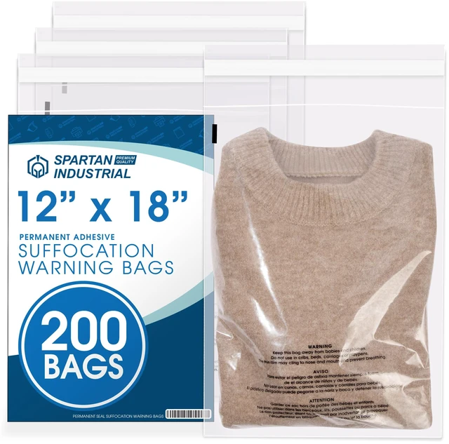 Main image of 12 X 18 (200 Count) Self Seal Clear Poly Bags with Suffocation Warning for Packaging, Clothes - Permanent Adhesive