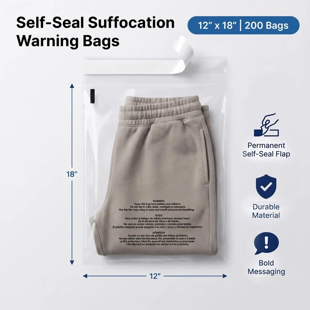 Alt view image 2 of 7 - 12 X 18 (200 Count) Self Seal Clear Poly Bags with Suffocation Warning for Packaging, Clothes - Permanent Adhesive
