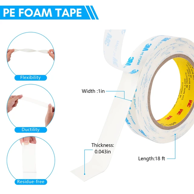 Alt view image 2 of 7 - 3M 1600T Double Sided Tape, 1 in x 18 ft White PE Foam Tape, 2 Pack 0.04 in Thick, Removable from Smooth Surfaces, for RV, Pictures, Posters, Frames and Home Décor