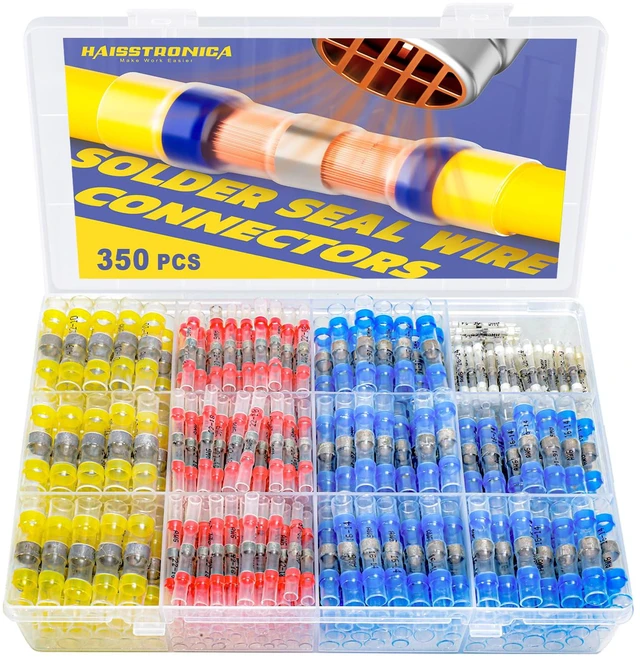 Main image of 350PCS Solder Seal Wire Connectors Kit, 4 Colors/4 Sizes 26-10 AWG, Wire Gauge Markings, Clear Sleeves, Hot-Melt Adhesive Rings, Compartment Storage, Automotive Wiring