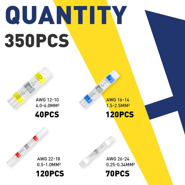 Alt view image 2 of 7 - 350PCS Solder Seal Wire Connectors Kit, 4 Colors/4 Sizes 26-10 AWG, Wire Gauge Markings, Clear Sleeves, Hot-Melt Adhesive Rings, Compartment Storage, Automotive Wiring