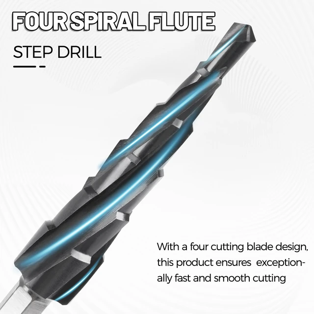 Alt view image 3 of 5 - Cobalt M35 4 Spiral Flutes Step Drill Bit for Metal 3/16" to 1/2" 6 Sizes Spiral Grooved Titanium HSS Step Bit Unibit for Metal, Stainless Steel, Aluminum, Plastic