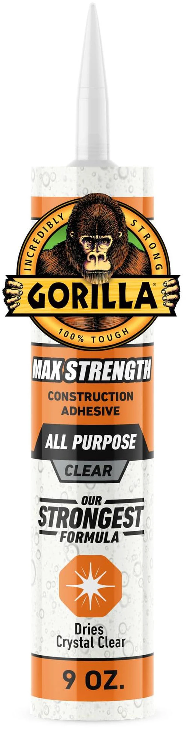 Main image of Max Strength Construction Adhesive, Clear, 9 oz Cartridge Waterproof Gap-Filling Formula, Paintable & Sandable, Indoor and Outdoor Use, Works on Wood, Metal, Tile, Stone,& More