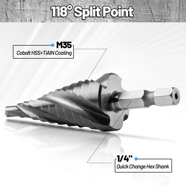 Alt view image 4 of 5 - Cobalt M35 4 Spiral Flutes Step Drill Bit for Metal 3/16" to 1/2" 6 Sizes Spiral Grooved Titanium HSS Step Bit Unibit for Metal, Stainless Steel, Aluminum, Plastic