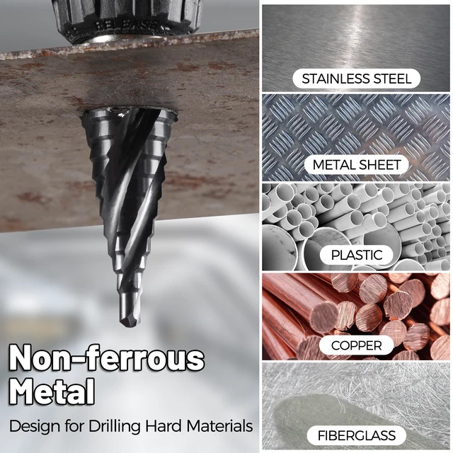 Alt view image 5 of 5 - Cobalt M35 4 Spiral Flutes Step Drill Bit for Metal 3/16" to 1/2" 6 Sizes Spiral Grooved Titanium HSS Step Bit Unibit for Metal, Stainless Steel, Aluminum, Plastic