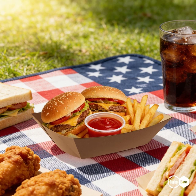 Alt view image 7 of 7 - Disposable Paper Food Trays 3lb, 250 Pack Large Brown Paper Boats - Heavy Duty for Large Nachos, BBQ Ribs, Family Fries, Tacos - Ideal for Party Hosts, Sports Fans, Carnivals