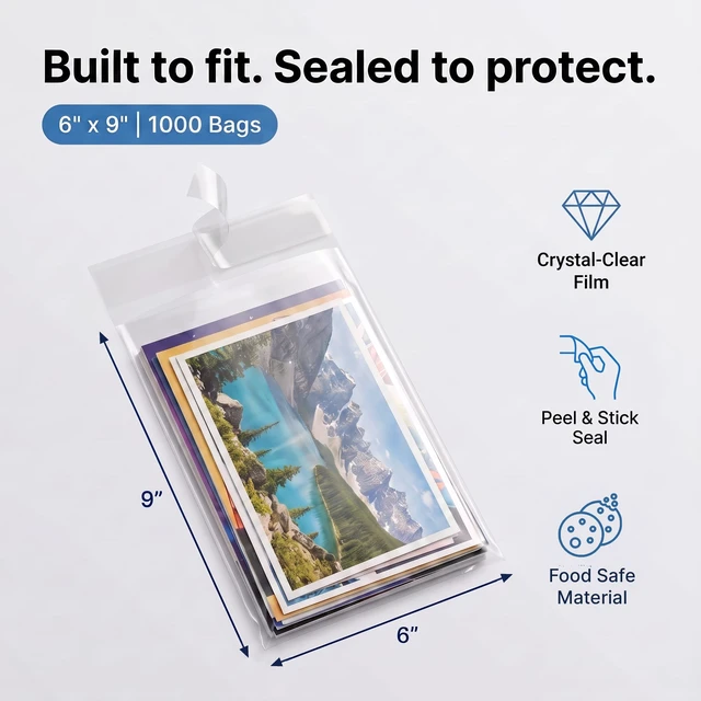 Alt view image 2 of 7 - 6" X 9" Self-Sealing Cellophane Bags (1000 Count) Clear Resealable Cello Bags for Cards, Photos, Cookies, Retail Packaging - Reinforced Sides