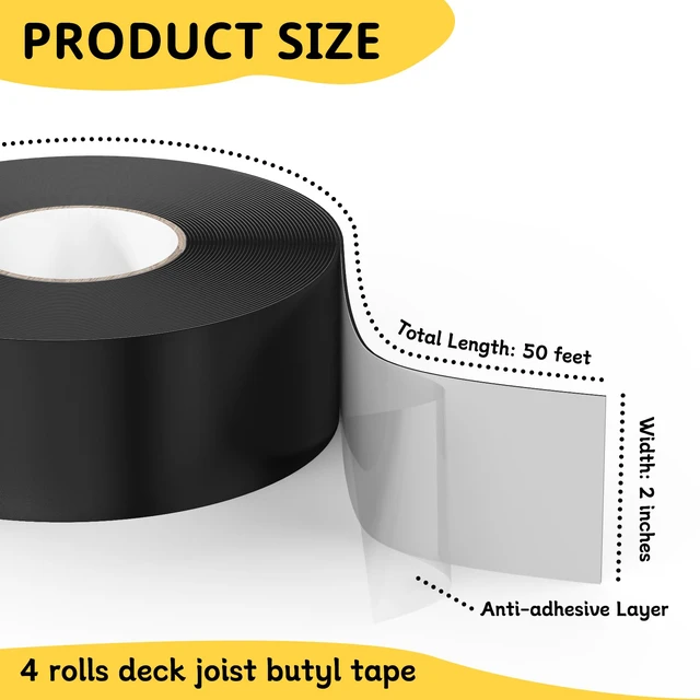 Alt view image 2 of 7 - Joist Tape for Decking 2'' X 50', 4 Rolls Waterproof Deck Tape Weather-Resistant and Anti-Corrosion Joist Tape, Self-Adhesive for Extend Deck Life for Wood Joists Beams Roof Rv