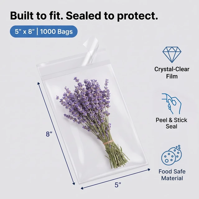 Alt view image 2 of 7 - 5" X 8" Self-Sealing Cellophane Bags (1000 Count) Clear Cookie Bags With Seal for Decorated Cookies, Treats, and Candy - Resealable Adhesive Flap
