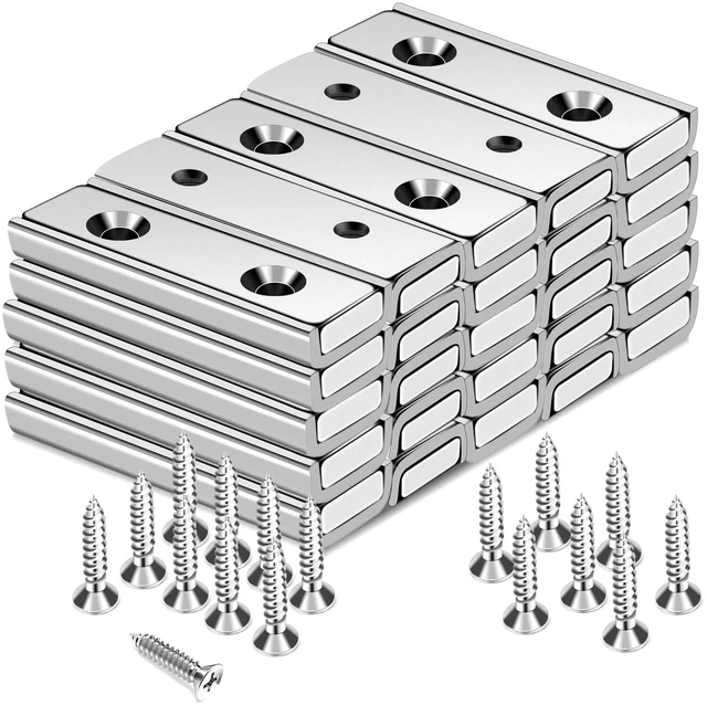 Main image of Bar Magnets, 45Lbs 25 Pack Countersunk Hole Magnet with Screw Silver,Heavy Duty Rare Earth,Neodymium,Rectangular,for Mounting, Door, Garage, Workplace(40 x 13.5 x 5mm)