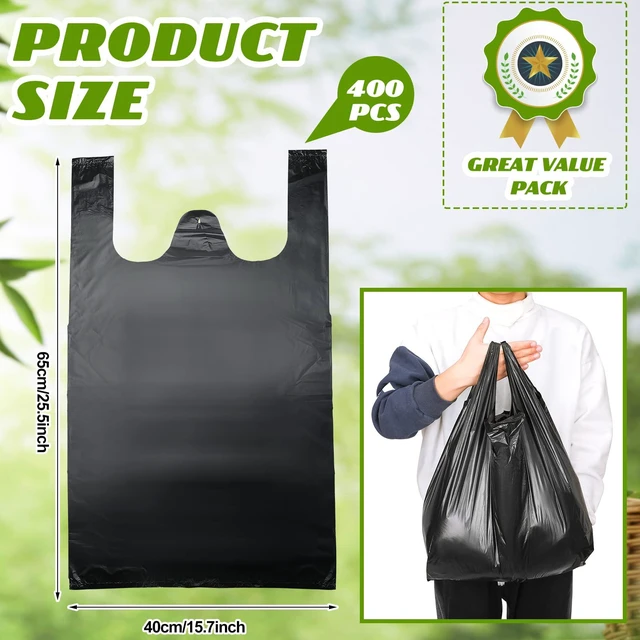 Alt view image 3 of 7 - Jumbo Size Plastic T Shirt Bags, 25" X 15", Black, 400 Count 35 Mic, Large Plain Plastic T Shirt Grocery Bags with Handles, Thick and Heavy Duty