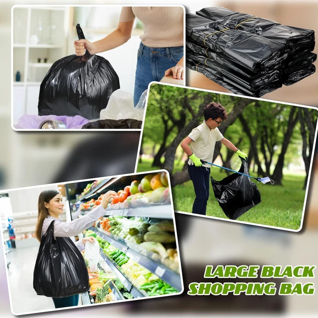 Alt view image 7 of 7 - Jumbo Size Plastic T Shirt Bags, 25" X 15", Black, 400 Count 35 Mic, Large Plain Plastic T Shirt Grocery Bags with Handles, Thick and Heavy Duty