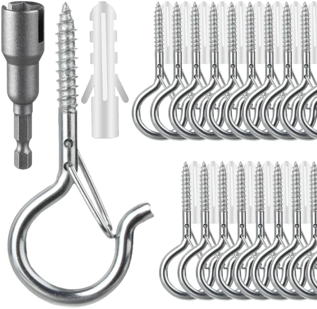 Main image of 50 PCS Screw Hooks for Outdoor String Lights, Q Hangers String Light Hooks Christmas Patio Light Hooks with Safe Buckle, Heavy Duty Screw Planter Eye Cup Hooks for Outside Wall Ceiling, Silver