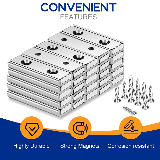 Alt view image 6 of 7 - Bar Magnets, 45Lbs 25 Pack Countersunk Hole Magnet with Screw Silver,Heavy Duty Rare Earth,Neodymium,Rectangular,for Mounting, Door, Garage, Workplace(40 x 13.5 x 5mm)