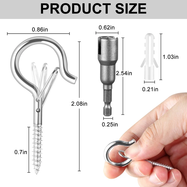 Alt view image 5 of 7 - 50 PCS Screw Hooks for Outdoor String Lights, Q Hangers String Light Hooks Christmas Patio Light Hooks with Safe Buckle, Heavy Duty Screw Planter Eye Cup Hooks for Outside Wall Ceiling, Silver