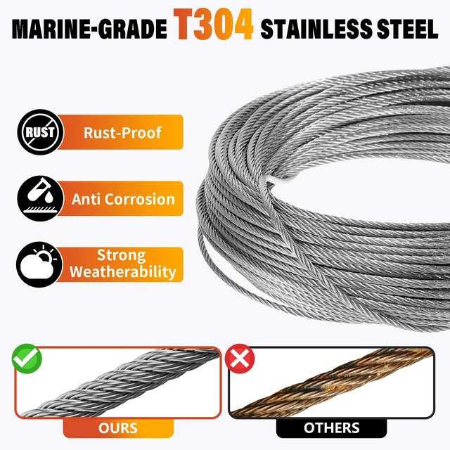 Alt view image 2 of 7 - 1/8 Stainless Steel Cable Kit - 200ft 1/8" Wire Rope with Cutter Heavy Duty 7x7 Strands for Outdoor String Light Hanging Deck Railing Clothesline Garden Fence DIY Projects