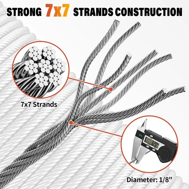 Alt view image 3 of 7 - 1/8 Stainless Steel Cable Kit - 200ft 1/8" Wire Rope with Cutter Heavy Duty 7x7 Strands for Outdoor String Light Hanging Deck Railing Clothesline Garden Fence DIY Projects