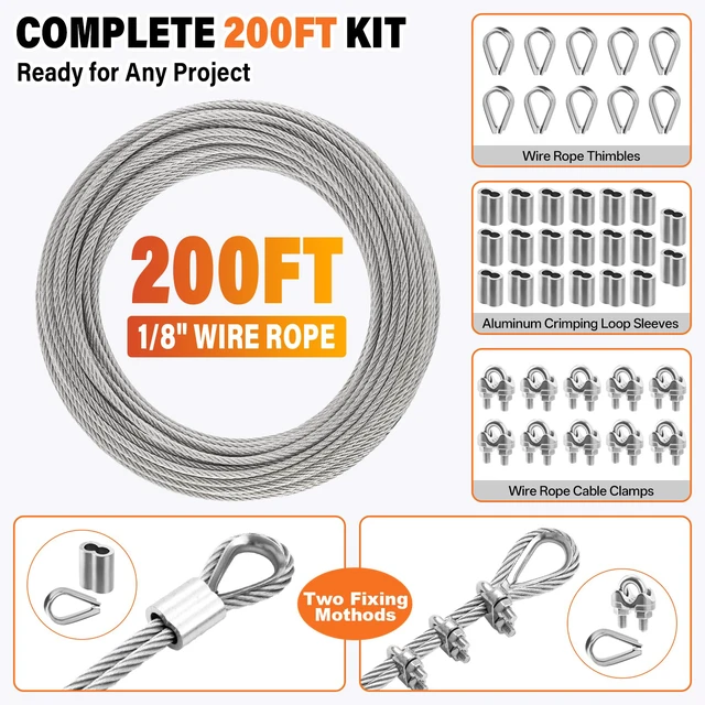 Alt view image 7 of 7 - 1/8 Stainless Steel Cable Kit - 200ft 1/8" Wire Rope with Cutter Heavy Duty 7x7 Strands for Outdoor String Light Hanging Deck Railing Clothesline Garden Fence DIY Projects