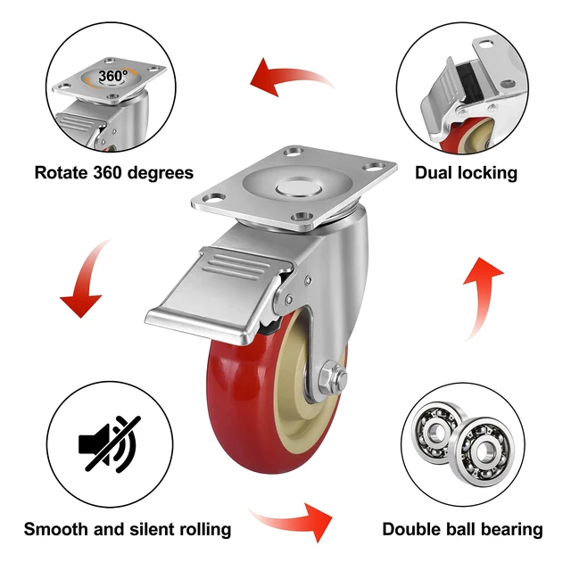 Alt view image 3 of 7 - 4 Inch Heavy Duty Swivel Caster Wheels with Brake, Set of 4 Industrial Locking Rolling Plate Casters Wheels for Furniture, Cart, Table and Workbench, Easily Load 2200lbs