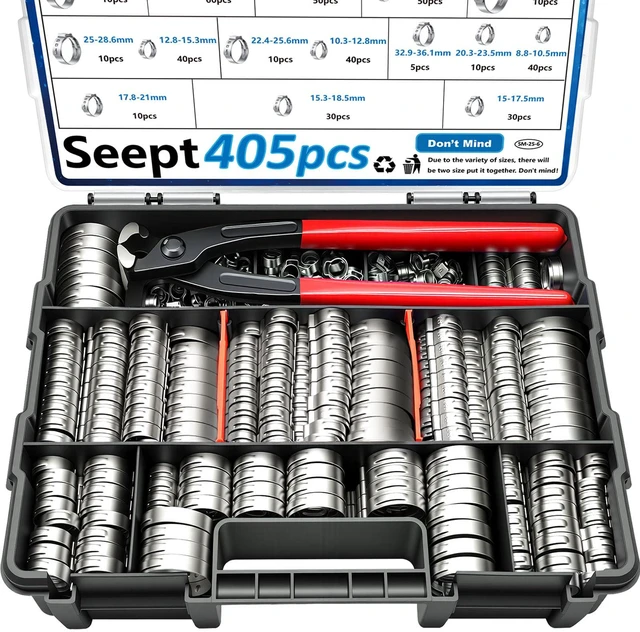 Main image of 405Pcs 15-Sizes 304 Stainless Steel Single Ear Hose Clamps with Ear clamp plier 5.3-36.1mm Crimp Hose Clamps Assortment Kit for Auto/Home Appliance/Pipe/Fuel Line