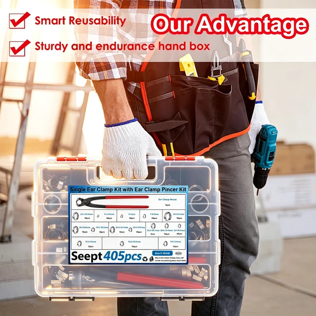 Alt view image 2 of 7 - 405Pcs 15-Sizes 304 Stainless Steel Single Ear Hose Clamps with Ear clamp plier 5.3-36.1mm Crimp Hose Clamps Assortment Kit for Auto/Home Appliance/Pipe/Fuel Line