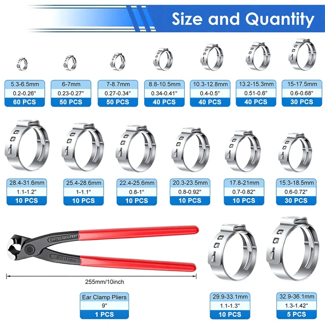 Alt view image 3 of 7 - 405Pcs 15-Sizes 304 Stainless Steel Single Ear Hose Clamps with Ear clamp plier 5.3-36.1mm Crimp Hose Clamps Assortment Kit for Auto/Home Appliance/Pipe/Fuel Line