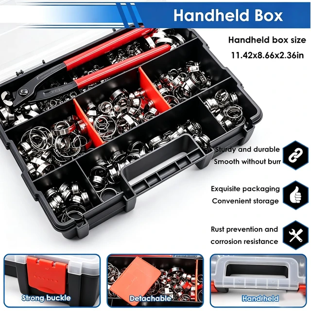 Alt view image 5 of 7 - 405Pcs 15-Sizes 304 Stainless Steel Single Ear Hose Clamps with Ear clamp plier 5.3-36.1mm Crimp Hose Clamps Assortment Kit for Auto/Home Appliance/Pipe/Fuel Line