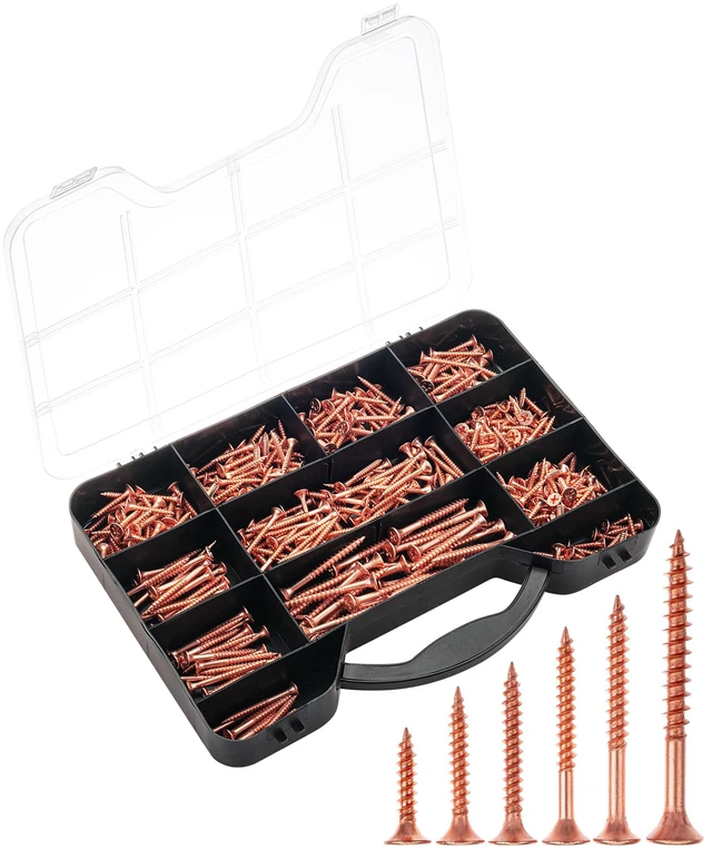 Main image of Wood Screws Assortment Kit, 456 pcs, Rose Gold, Phillips Head 6 Sizes (2, 1-1/2, 1-1/4, 1, 3/4, 1/2), Durable Assorted Wood Screws for Woodworking & Household, Storage Box Included