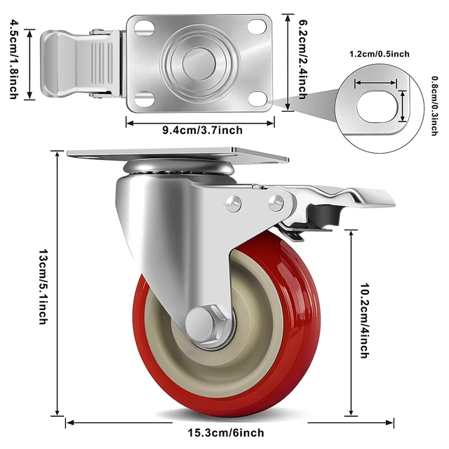 Alt view image 6 of 7 - 4 Inch Heavy Duty Swivel Caster Wheels with Brake, Set of 4 Industrial Locking Rolling Plate Casters Wheels for Furniture, Cart, Table and Workbench, Easily Load 2200lbs