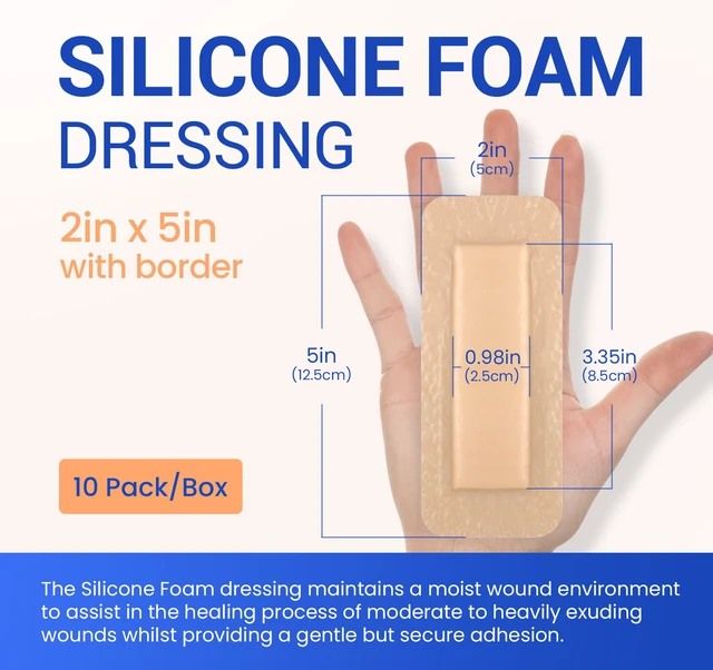 Alt view image 2 of 6 - Large Waterproof Bandages 2X5 Silicone Foam Dressing Sensitive Skin, 10 PCS Wound Dressing, Adhesive Cohesive Pad with Border, First Aid, Post Surgical and Trauma Care, Burn Care