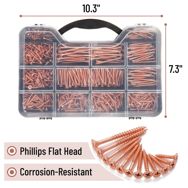 Alt view image 3 of 7 - Wood Screws Assortment Kit, 456 pcs, Rose Gold, Phillips Head 6 Sizes (2, 1-1/2, 1-1/4, 1, 3/4, 1/2), Durable Assorted Wood Screws for Woodworking & Household, Storage Box Included